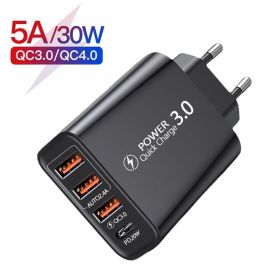 Travel Charger 3usb + Type-Cpd Charging Head European Standard Black Multi-Port Mobile Phone Charging Head Suitable for USB