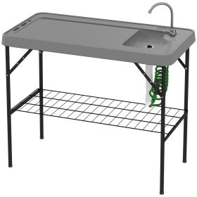 Outsunny Folding Fish Cleaning Table with Sink, Portable Camping Table with Faucet, Drainage Hose, Sprayer and Shelf, Gray