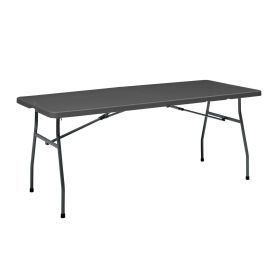 Black 6 Foot Fold-in-Half Plastic Table, Indoor Outdoor, Scratch Resistant, Stain & UV Damage, Built-in Carry Handle
